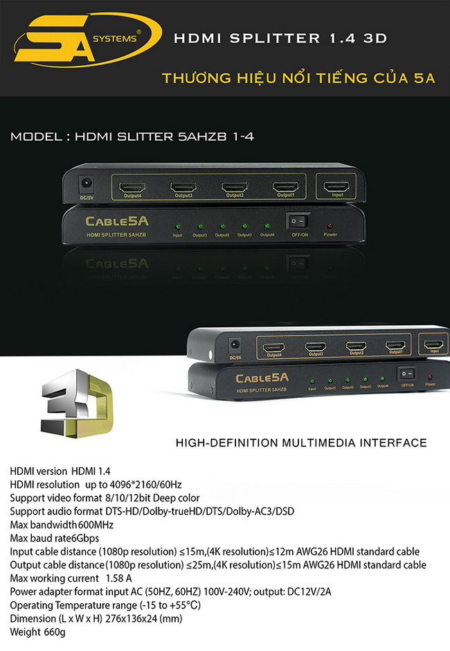 Bộ chia HDMI Cable 5A