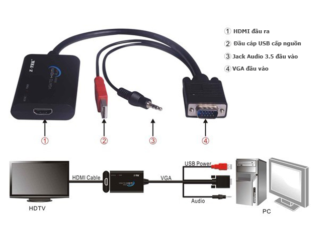 Cáp chuyển VGA ra HDMI Z-TEK có hỗ trợ âm thanh