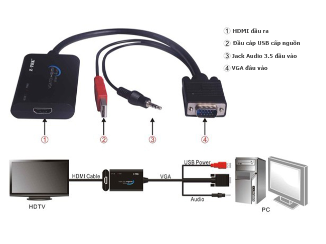 cáp tín hiệu vga ra hdmi z-tek